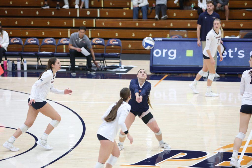 Senior libero Trinity Stanger sets up an attack against Oregon State University on Nov. 30 at Firestone Fieldhouse. Stanger ended with 17 digs, five assists and one kill bringing her career with the Waves to a finish.