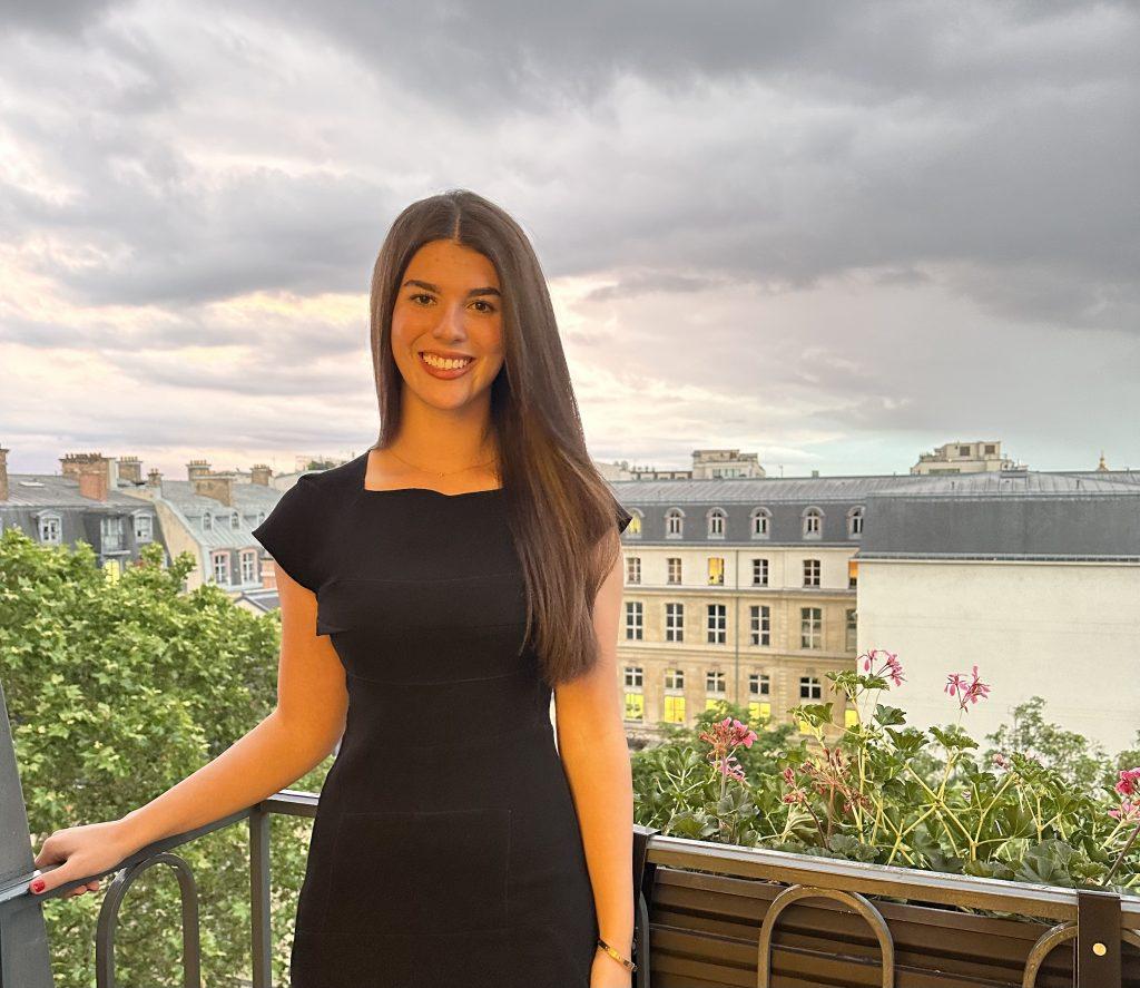 Katie Nehrir on the balcony at her hotel in the 1st arrondissement before going to dinner in July 2024. Nehrir took her first solo trip to Paris while studying abroad in Switzerland. Photo courtesy of Katie Nehrir