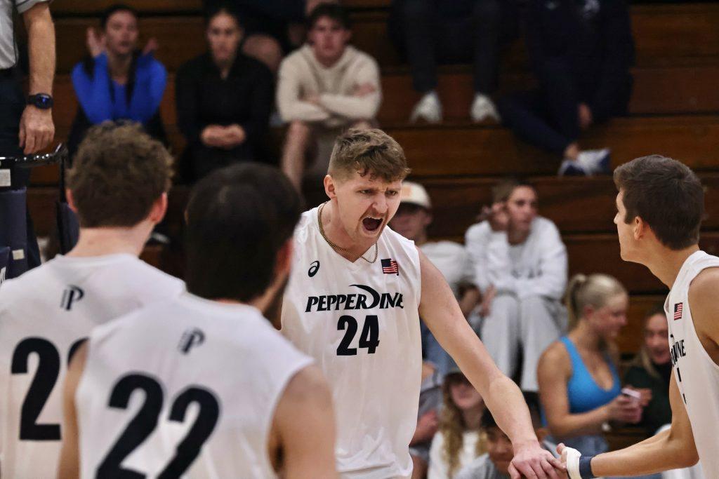 Redshirt freshman opposite Matt Mazur hyping the team after an offensive kill, propelling the Waves to a lead. The Lions did not relent on pressure as the Waves fought for a victory.