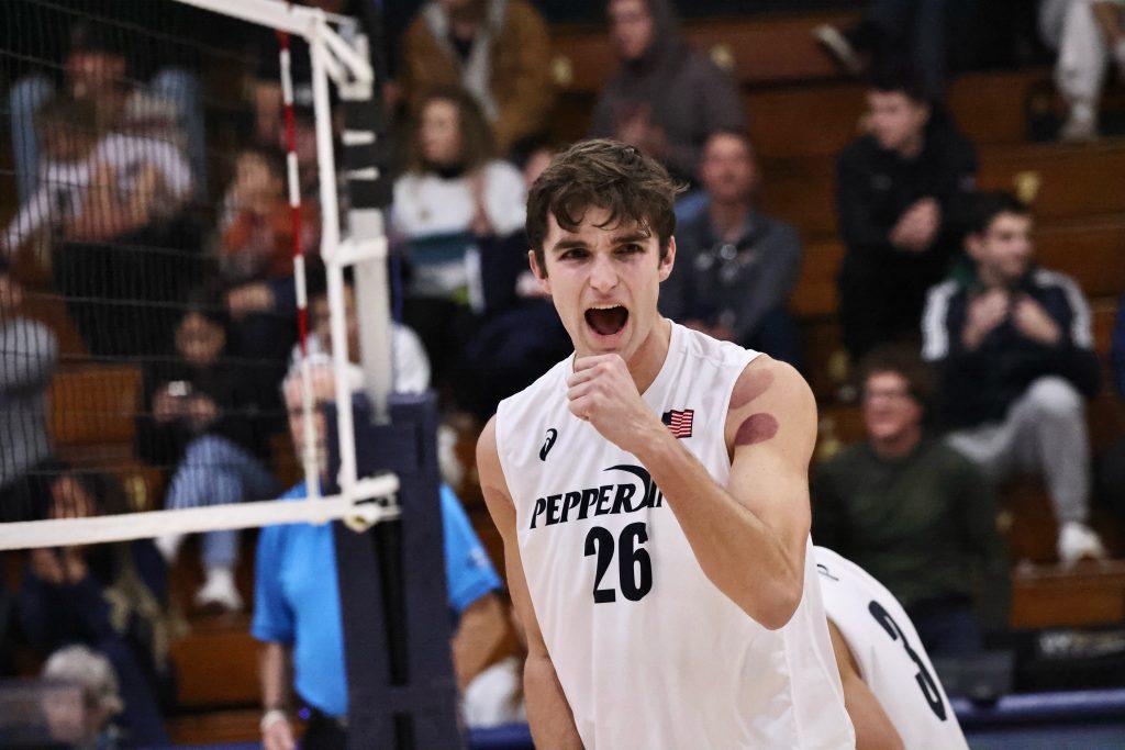 Redshirt sophomore middle blocker James Eadie yells after a point against Long Beach State on Jan. 26 at Firestone Fieldhouse. Energy like this can be helped by caffeine, and Pepperdine athletes have been known to use energy drinks to fire their fuel.