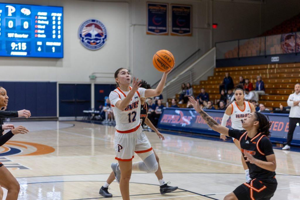 Senior guard Makena Mastora goes for a layup against the University of the Pacific at Firestone Fieldhouse on Jan. 23. Mastora is averaging nine points per game and a team-high 5.1 rebounds on the season.