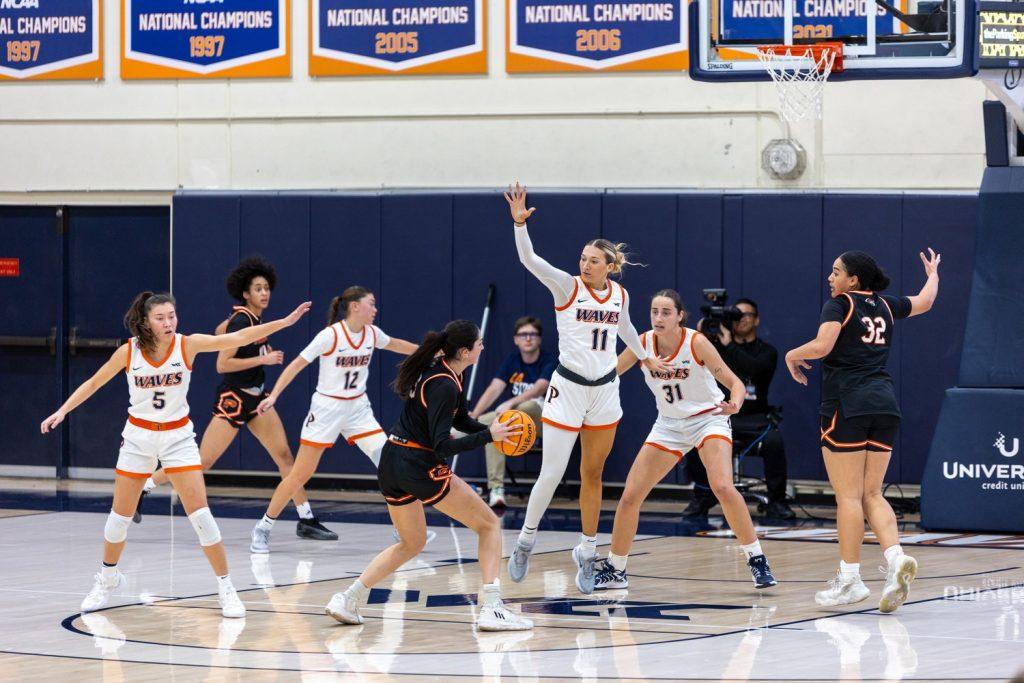 The Waves play defense against the University of the Pacific at Firestone Fieldhouse on Jan. 23. Pepperdine ended the game with three blocks and two steals.