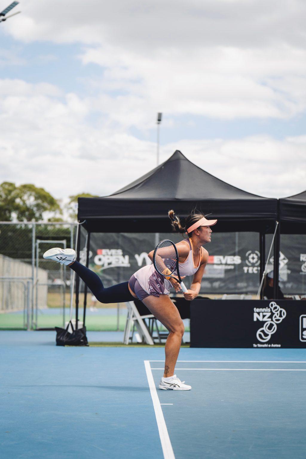 Yang follows through her swing Dec. 19, at the ITF W35 Tauranga 2024 Tournament in Papamao, New Zealand. Yang made it to the quarter-finals of the tournament. Photo courtesy of Vivian Yang