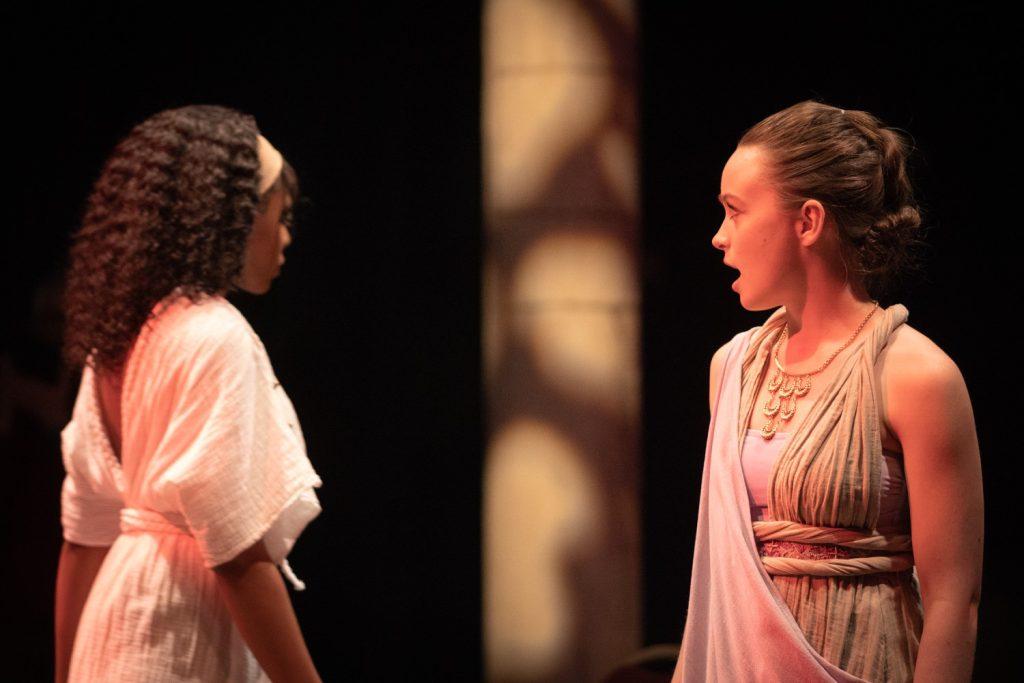 First-year Skyla I'Lece (left) and junior Isabelle Titzer (right) perform a scene together at a dress rehearsal in Lindhurst Theatre on Jan. 26. Director Bradley Griffin said the cast has been so resilient in rehearsing the production through the uncertainties of the L.A. County wildfires. Photos by Kasten Grimm