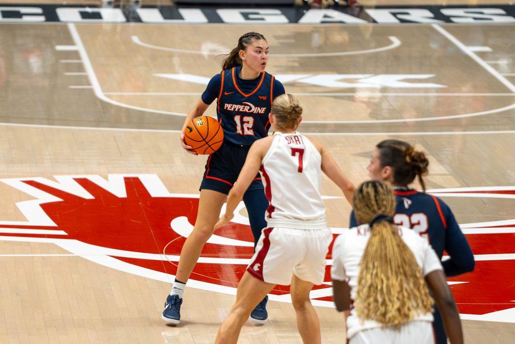 Mastora heads the offense, dribbling against Washington State University at Beasley Coliseum on Dec. 28. Pepperdine Women's Basketball took a loss during this game, falling with a score of 46-67. Photo courtesy of Makena Mastora