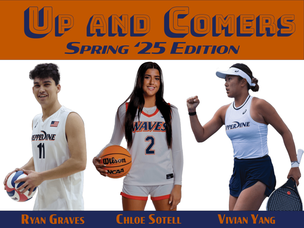 Ryan Graves, sophomore Men's Volleyball setter (left); Chloe Sotell, freshman Women’s Basketball guard (middle); and Vivian Yang, sophomore Women's tennis player (right), are the highlighted “up and comers” for the spring '25 athletic semester. This batch of athletes said they are eager to bring back their respective sports to glory. Graphic by Justin Rodriguez