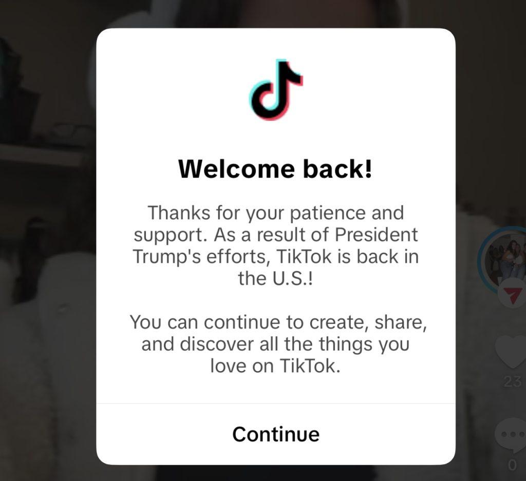 This message displayed on every TikTok user's homepage after the ban. Users could not log on to the app without viewing this message and clicking continue.