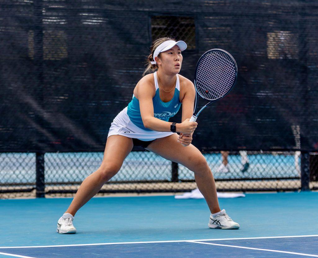 Sophomore Women's Tennis player Vivian Yang prepares to defend a serve against the University of Arizona on Jan. 25 at the Ralphs-Straus Tennis Center. Yang enters her sophomore year following a 12-5 freshman season. Photos by Colton Rubsamen