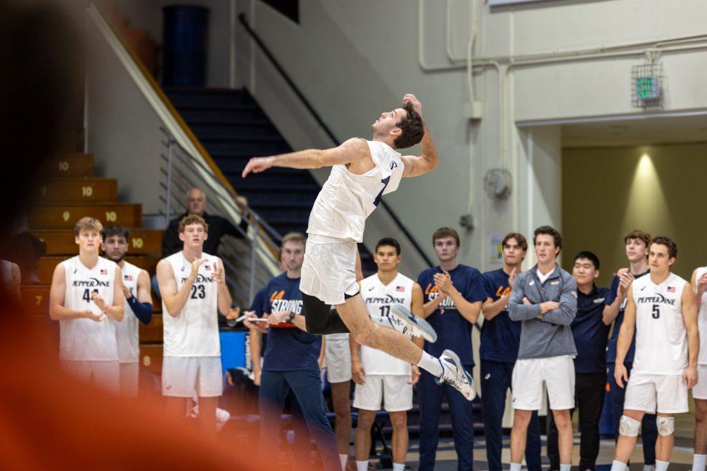 Eadie serves the ball against Long Beach State on Jan. 26 at Firestone Fieldhouse. Eadie has six aces since in two seasons with the Waves.