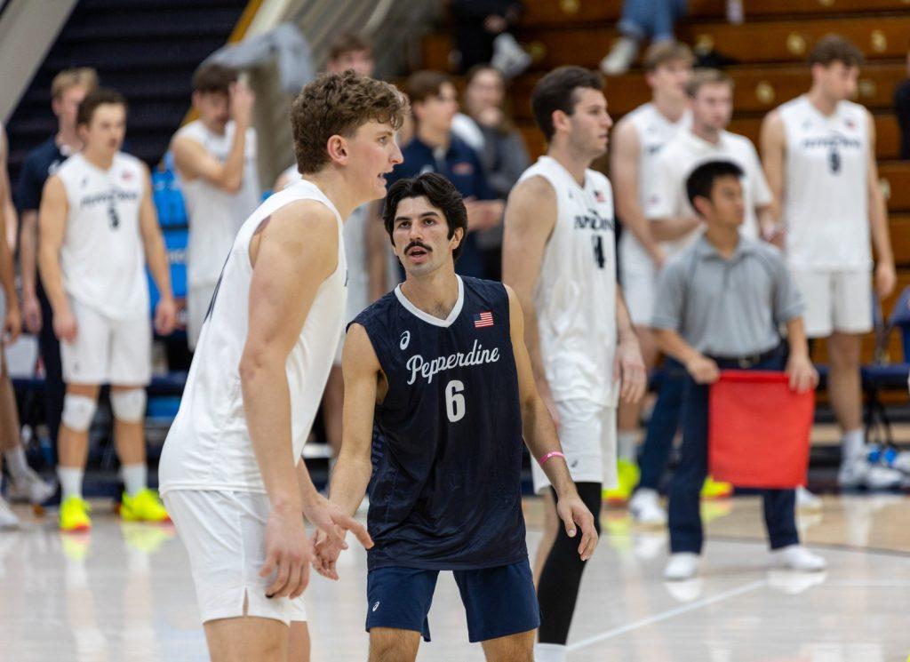 Hartke and Reilly prepare for serve receive in Firestone Fieldhouse on Feb 8. CSUN had nine aces compared to Pepperdine's two throughout the game.