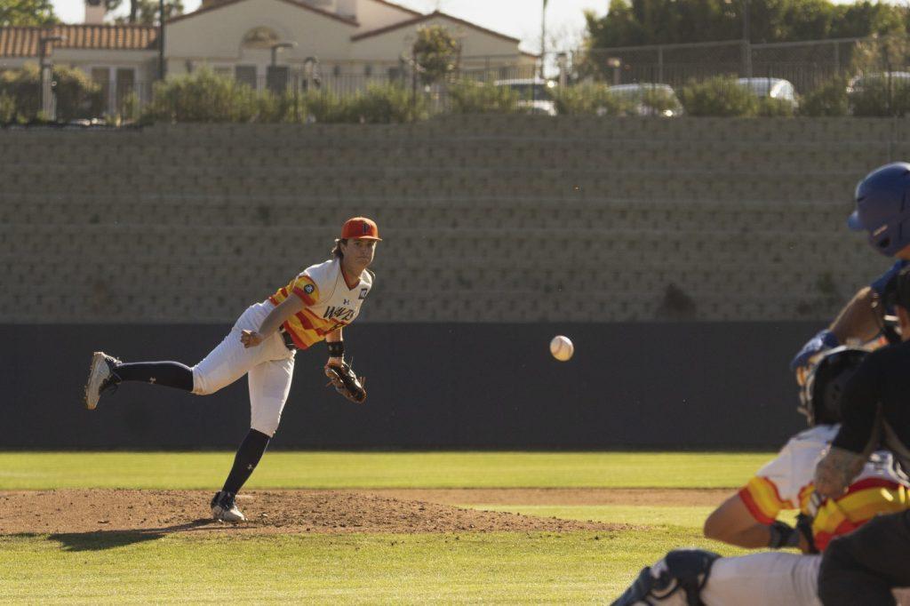 Freshman right-handed pitcher Ryan Rios throws a pitch against Santa Barbara on Feb. 25 at Eddy D. Field Stadium. Rios took the loss, throwing 2.2 innings, striking out three batters but allowing three earned runs.