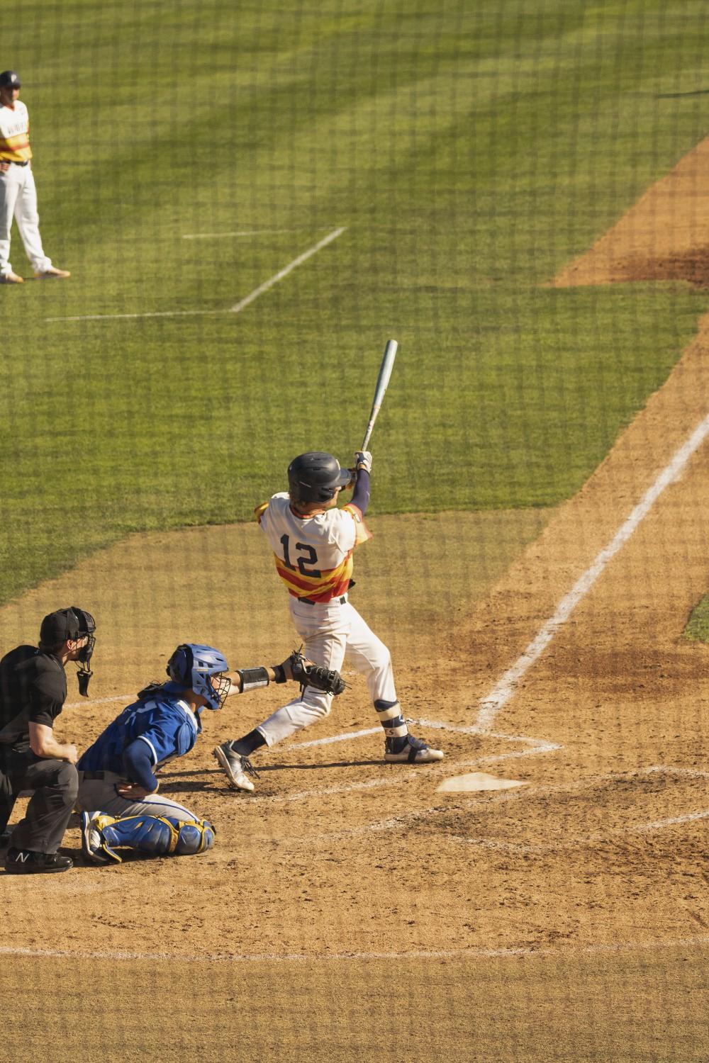 Senior shortstop Justin Rubin swings at a pitch against the Gauchos on Feb. 25 at Eddy D. Field Stadium. So far this year, Rubin is batting .258 across eight games.