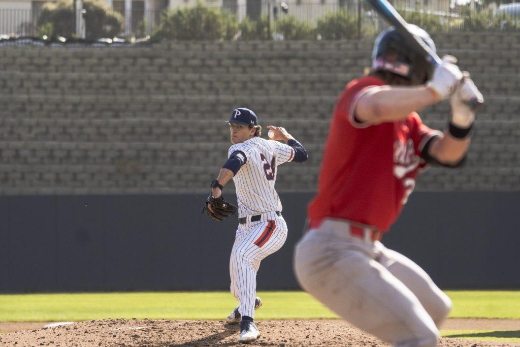 Redshirt junior pitcher Tommy Scavone pitches to Utah at Eddy D. Field Stadium on Feb. 14. Scavone led the team through six strong innings, only giving up one run.