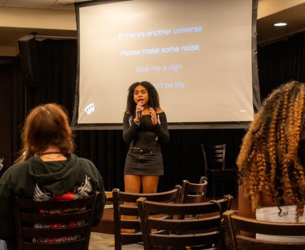 First-year, Chelsea Otto Ferary pictured singing a cover of SZA&squot;s "Saturn"