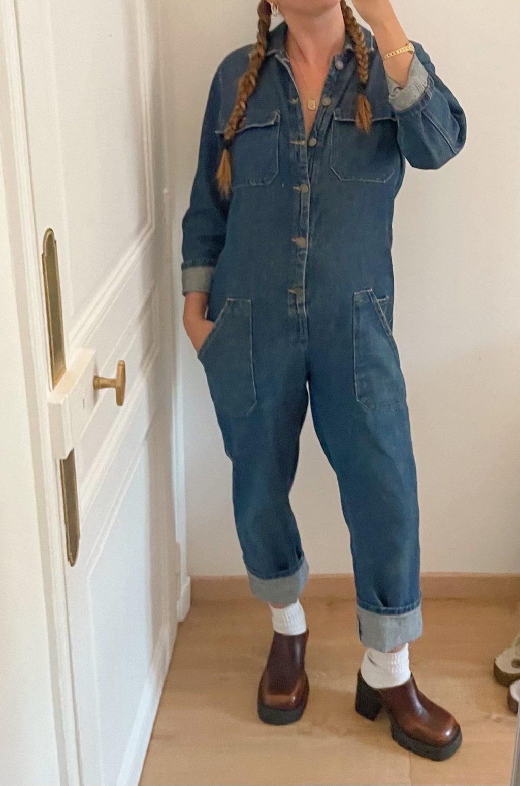 Papillion wears a denim jumpsuit she purchased from a second-hand shop in Paris on April 13. She said her shoes are from Miista, a premium, slow-production brand that hand-makes their shoes in Europe. Photo courtesy of Mary Papillion