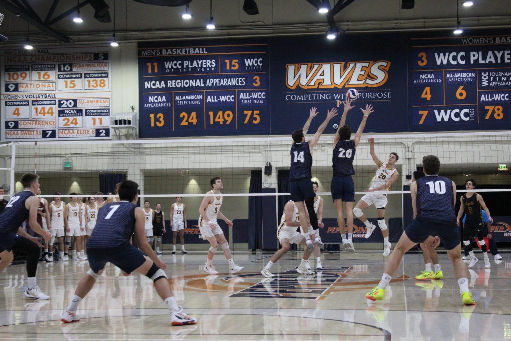 Pepperdine's defense awaits a hit from Loyola at Firestone Fieldhouse on Jan. 30. Loyola had 63 kills compared to Pepperdine's 49.