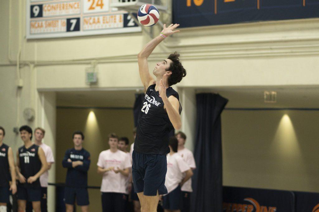 Eadie serving the ball against Dominican University New York on Feb. 9 at Firestone Fieldhouse. Eadie had one ace on the game, adding to his career total of eight.