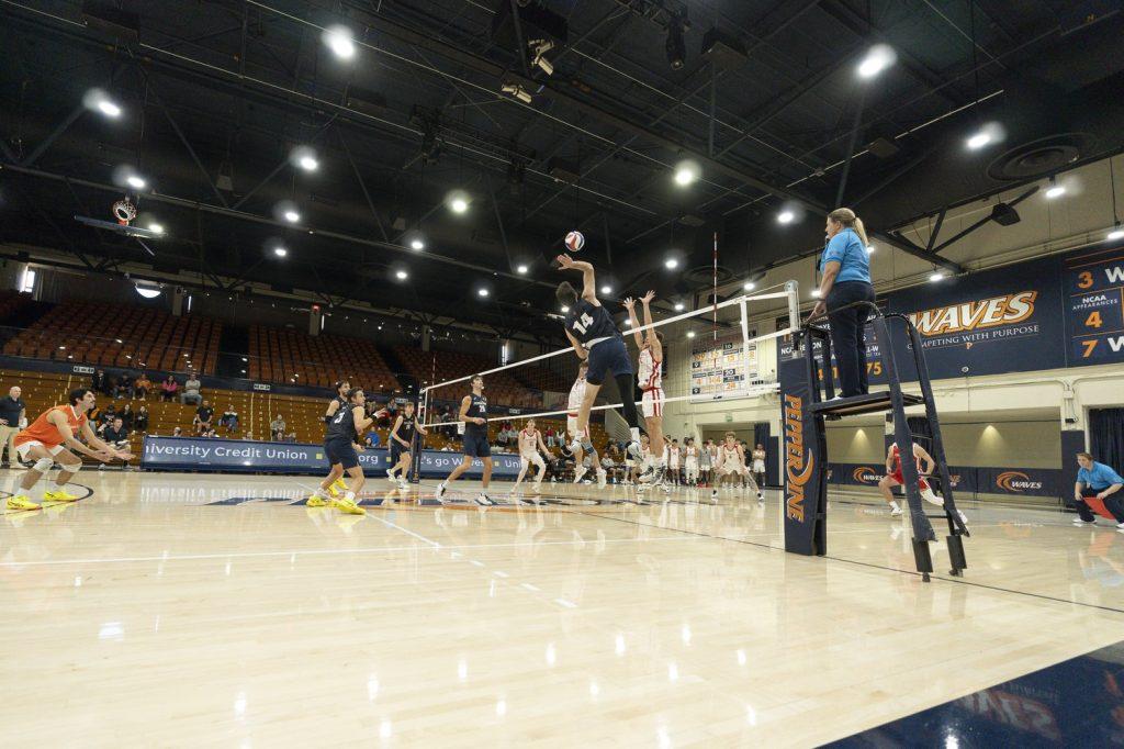 Barnett spiking the ball against Dominican University New York on Feb. 9 at Firestone Fieldhouse. Barnett now has 77 kills on the season.