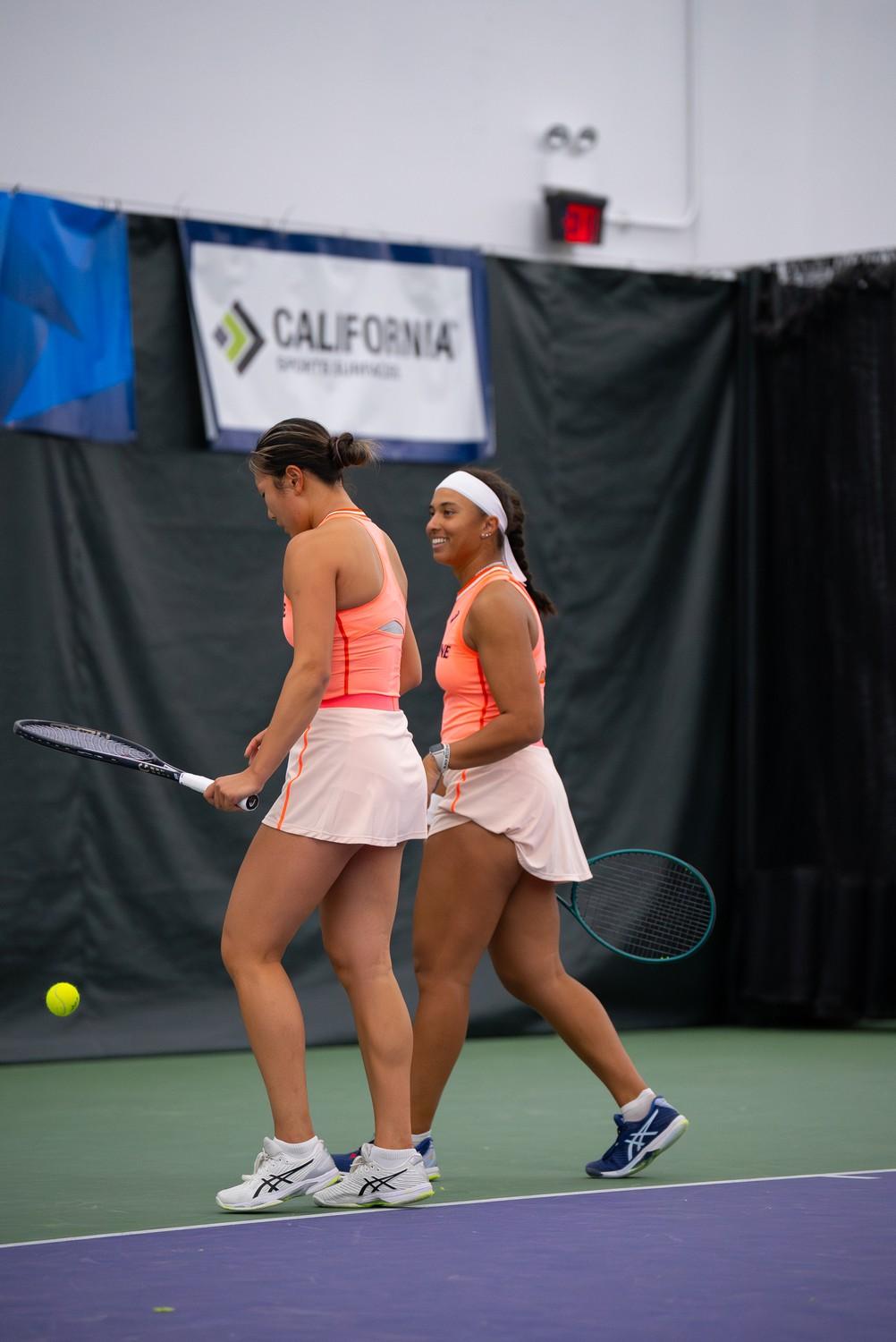 Sophomore Vivian Yang and Broadus face off No. 29 ranked University of North Carolina, Chapel Hill's doubles team, showcasing their positive chemistry to clutch a win in the doubles round at Combe Tennis Center on Feb. 7. Yang and Broadus are currently ranked No. 7 as they compete against the highest competition.