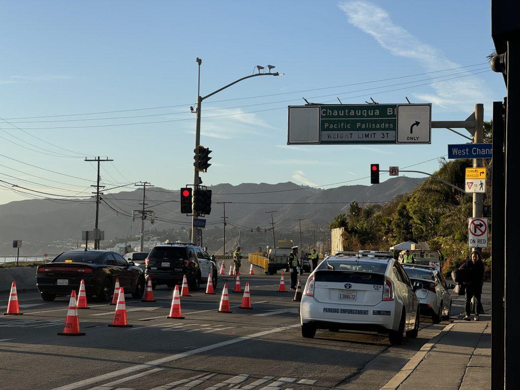 Bumper-to-bumper traffic including Pacific Palisades residents trying to gain access to their properties Friday, Jan. 24. The U.S. Coast Guard patrolled the intersection of Pacific Coast Highway and Chautauqua Boulevard. Photo by Rachel Flynn