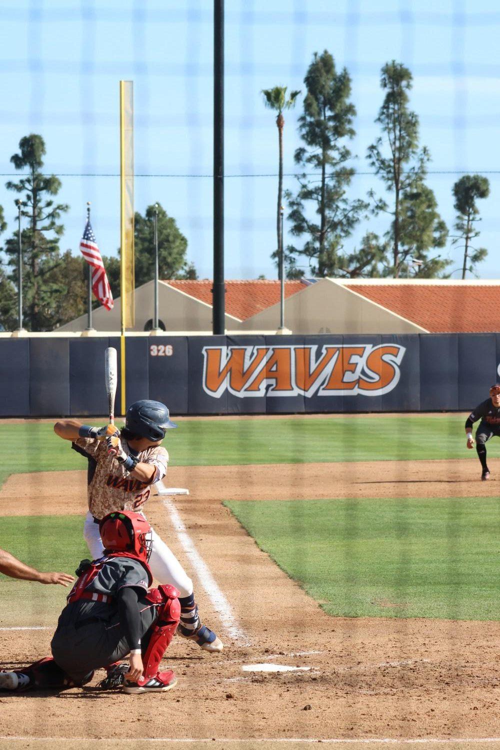 Freshman catcher/utility Esteban Sepulveda prepares a swing against the Huskers on March 19 at Eddy D. Field Stadium. Across the two-game series, Sepulveda went 2-7 with a walk and an RBI. Photo by Griffin Pilcher