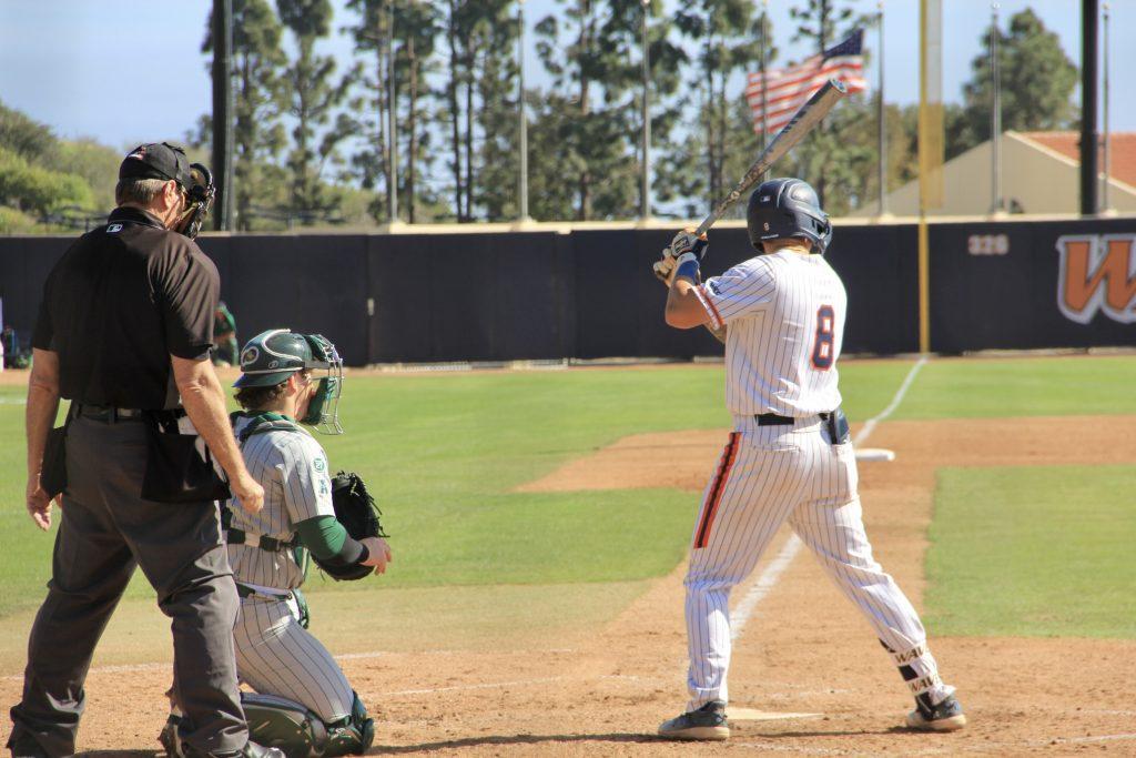 Redshirt sophomore designated hitter Max Bernal prepares for the pitch against Tulane University on Feb. 28 at Eddy D. Field Stadium. Bernal has eight hits on the season. Photos by Guinevere Hesse