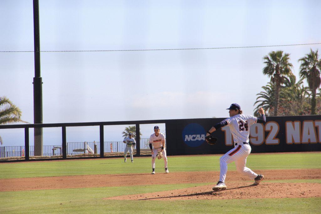 Tommy Scavone, redshirt junior right-handed pitcher, throws a pitch against Tulane University on Feb. 28 at Eddy D. Field Stadium. Scavone has 15 strikeouts on the season.