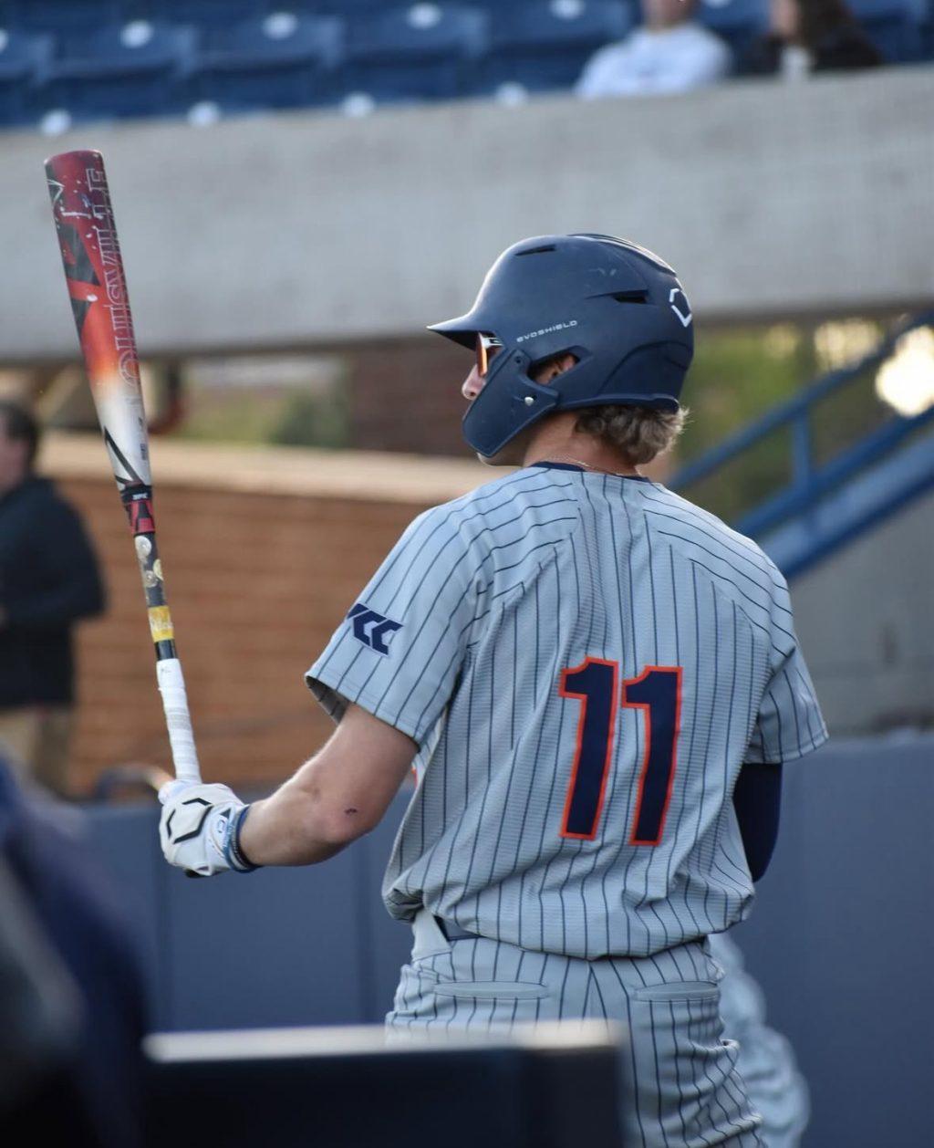 Senior shortstop Justin Rubin takes the plate at Eddy D. Field Stadium on Feb. 15. Rubin became a designated hitter while recovering from a shoulder injury that mainly inhibited him from throwing and playing on defense. Photo courtesy of Justin Rubin