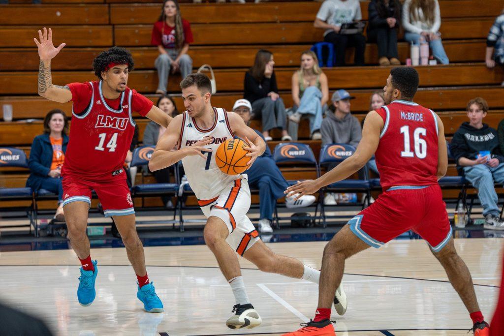 Senior forward Stefan Todorovic drives into the paint against Loyola Marymount University on Feb. 11, at Firestone Fieldhouse. Todorovic started in all 35 games for the Waves this season and led the Waves in points per game. Photo courtesy of Pepperdine Athletics