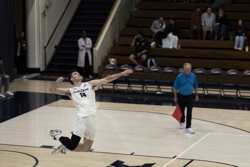 Barnett serves the ball against Grand Canyon University on Feb. 27 at Firestone Fieldhouse. Pepperdine had 12 aces through four sets compared to Grand Canyon's five.