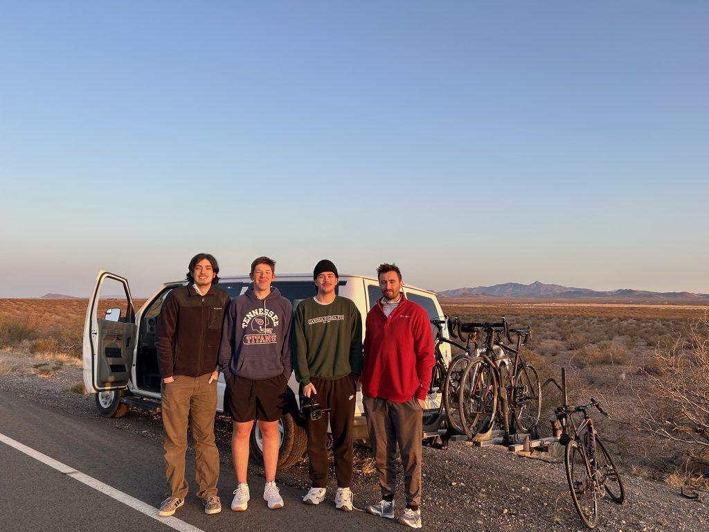 (From left to right): Aidan Boisvert, Bode Gwin, Ben Lancaster and Jackson Kulp pose for a photo on a break during their ride. The ride took the brothers six days. Photo courtesy of the Gamma Sigma Phi brothers