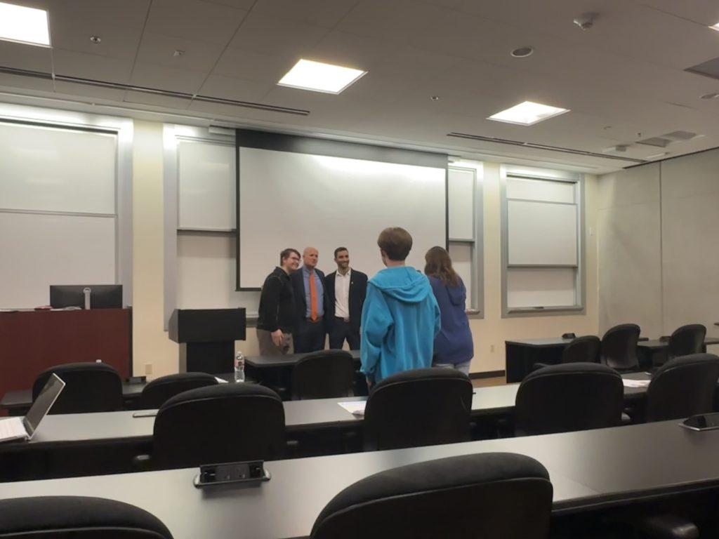 (From left to right) First-year Jack Hesse, President Jim Gash and IDF soldier Eli Wininger pose for a photo minutes before the April 23 Students Supporting Israel event begins. In Dec. 2024, Gash wrote an op-ed for Jewish Journal that criticized the widespread pro-Palestine college protests earlier that year.