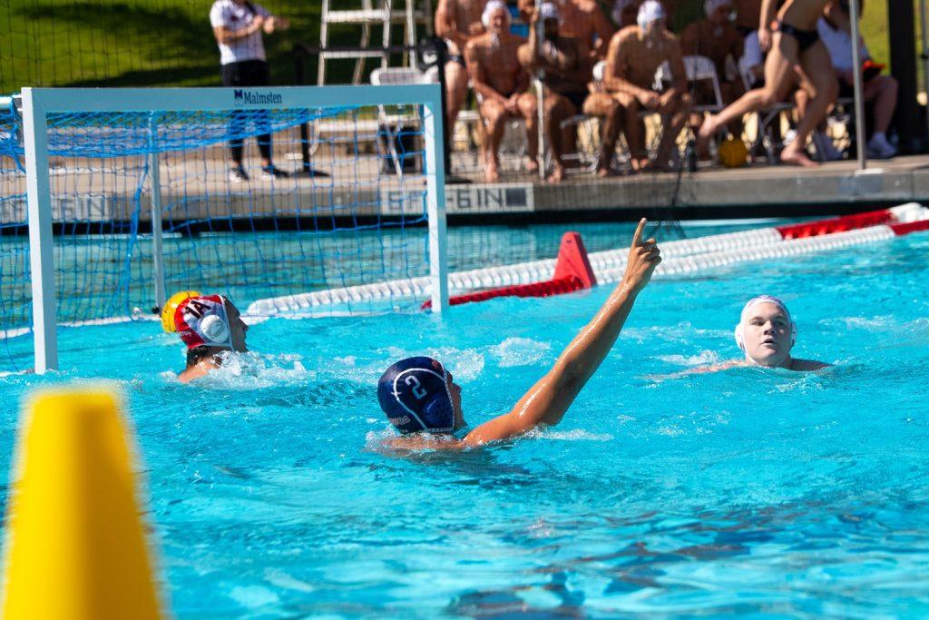 Junior utility Jon Carcarey celebrates after a goal against No. 13 Princeton at Raleigh Runnels Memorial Pool on Oct. 11. This is Carcarey's second game with four goals in the past three games, according to Pepperdine Athletics.