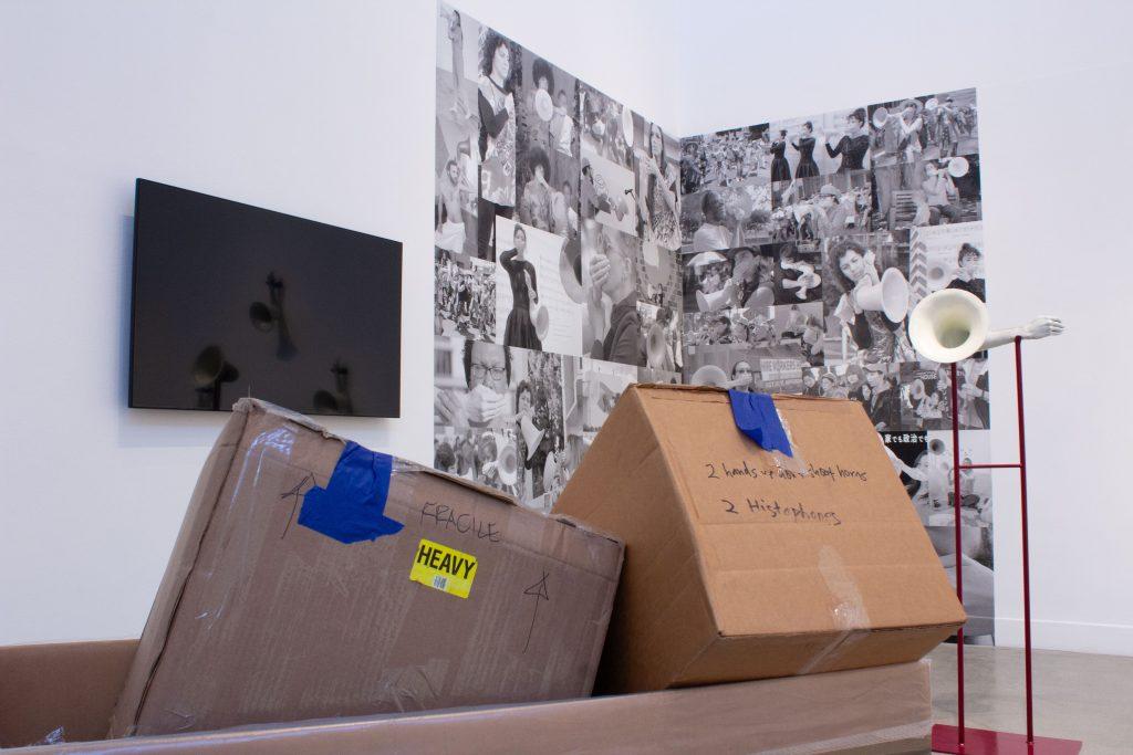 Moving boxes rest in front of artist Elana Mann's artwork in the Frederick R. Weisman Museum of Art on Oct. 8. Pepperdine administrators directed the Museum to turn off Mann's video installation due to its political content, according to a University spokesperson. Photo by Griffin Pilcher