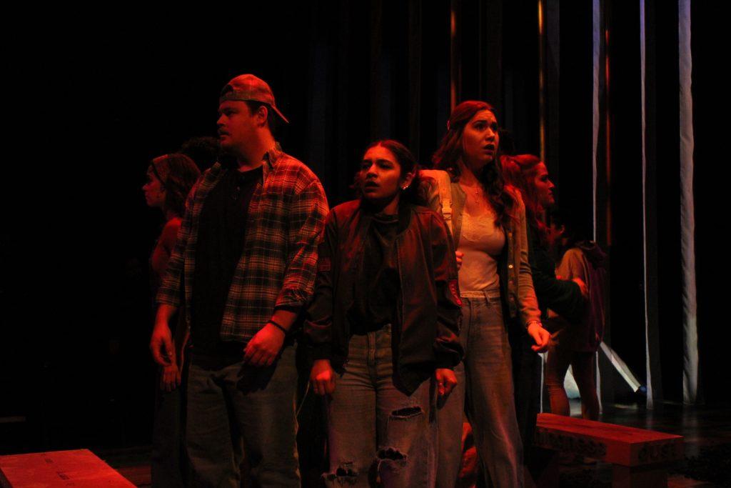 (From left to right) Junior Eden Gamble, senior Joshua Rogers, juniors Kysiah Tapia and Mandy Tatum and sophomore Emma McAngus play Lucy, Bear, Lily, Maddy and Becky. With nothing but each other, the group must find a way out of the forest before the fire catches up to them. Photos by Clementine Metz