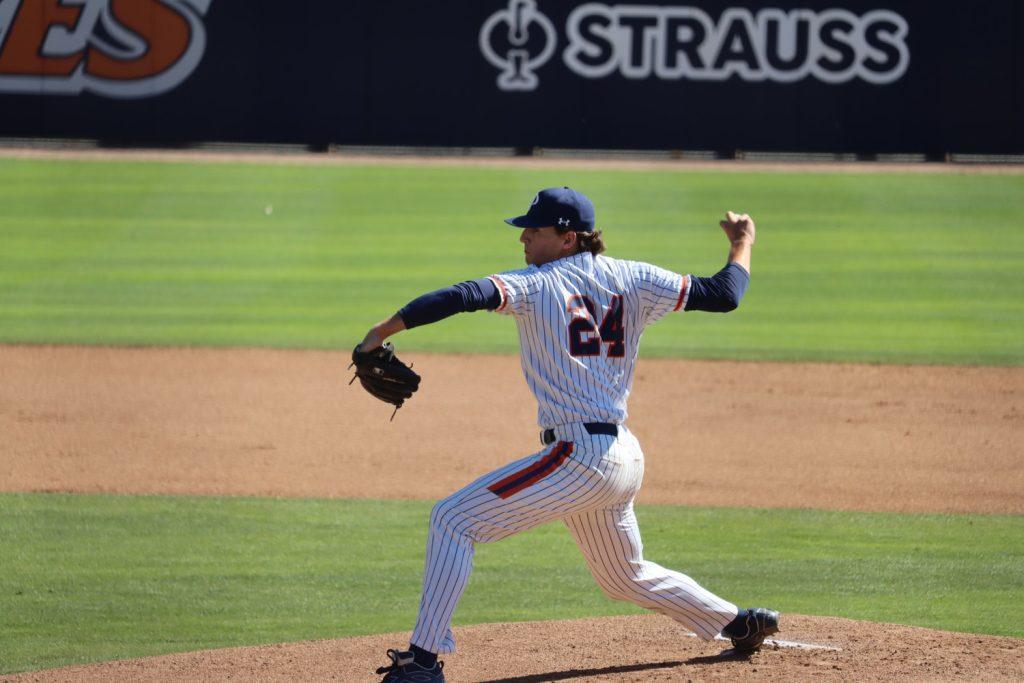 Graduate right-handed pitcher Tommy Scavone strides down the mound against the University of San Diego Toreros on March 28. Scavone tossed six scoreless innings with eight strikeouts in his appearance.